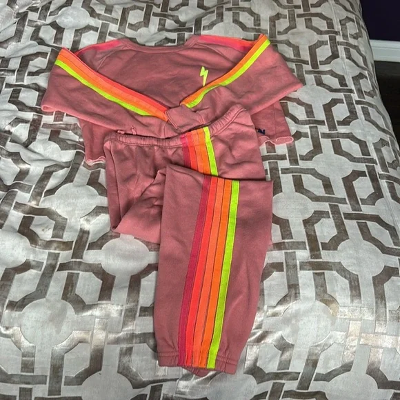 Aviator Nation Pink 5 Stripe Neon Crop Sweatshirt L NWOT Retired Style
